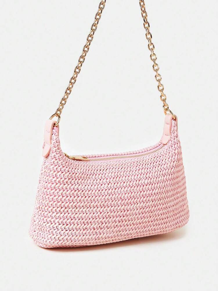 Women's Bohemian Style Braided Baguette Shoulder Bag With Thin Chain Strap Casual Vacation Shopping Fashion Daily Outfit Crossbody Purse