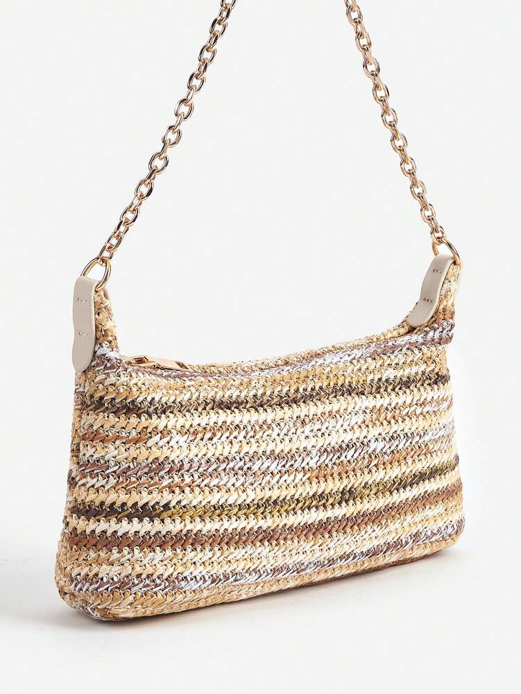 Women's Bohemian Style Braided Baguette Shoulder Bag With Thin Chain Strap Casual Vacation Shopping Fashion Daily Outfit Crossbody Purse