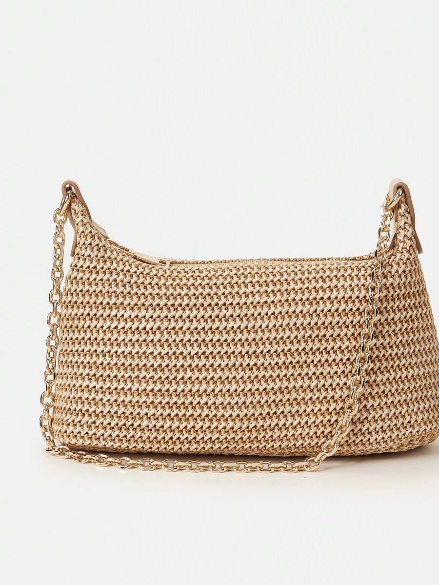 Women's Bohemian Style Braided Baguette Shoulder Bag With Thin Chain Strap Casual Vacation Shopping Fashion Daily Outfit Crossbody Purse