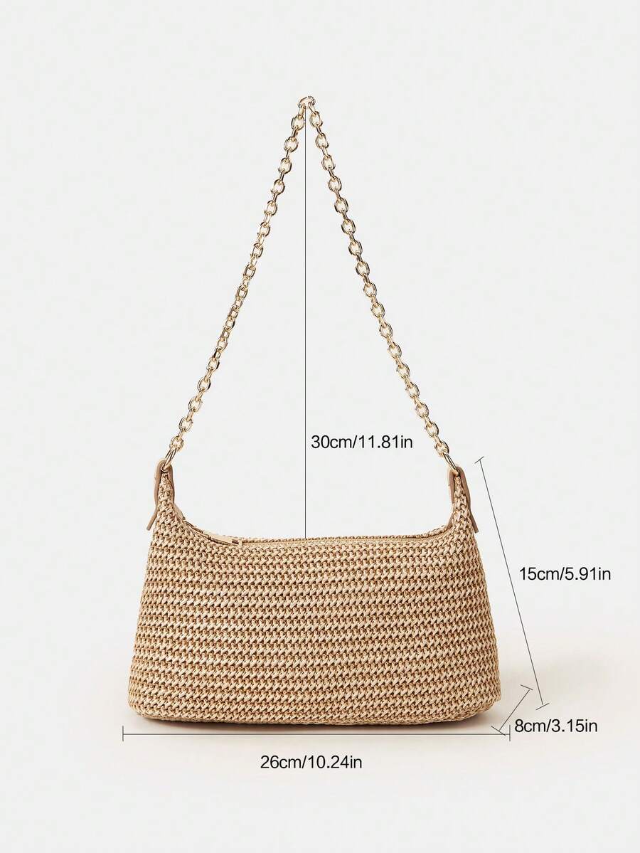 Women's Bohemian Style Braided Baguette Shoulder Bag With Thin Chain Strap Casual Vacation Shopping Fashion Daily Outfit Crossbody Purse