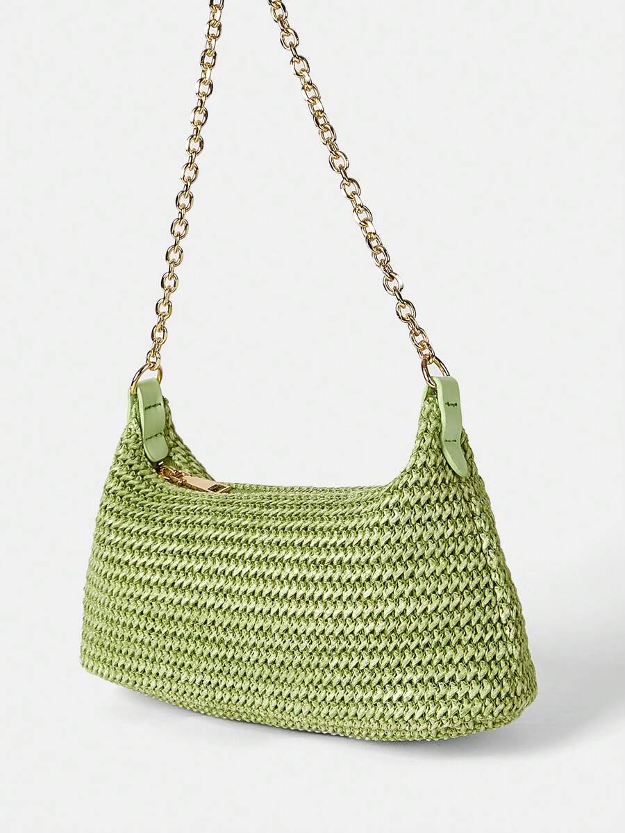 Women's Bohemian Style Braided Baguette Shoulder Bag With Thin Chain Strap Casual Vacation Shopping Fashion Daily Outfit Crossbody Purse