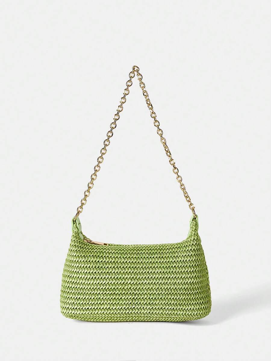 Women's Bohemian Style Braided Baguette Shoulder Bag With Thin Chain Strap Casual Vacation Shopping Fashion Daily Outfit Crossbody Purse