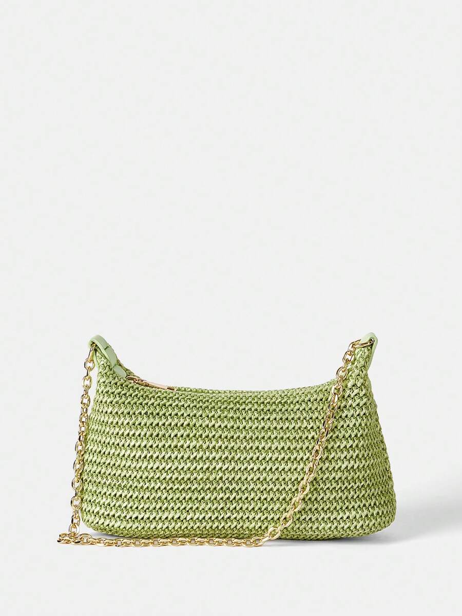 Women's Bohemian Style Braided Baguette Shoulder Bag With Thin Chain Strap Casual Vacation Shopping Fashion Daily Outfit Crossbody Purse