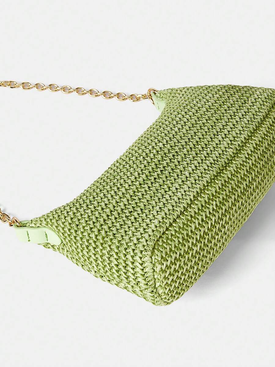 Women's Bohemian Style Braided Baguette Shoulder Bag With Thin Chain Strap Casual Vacation Shopping Fashion Daily Outfit Crossbody Purse