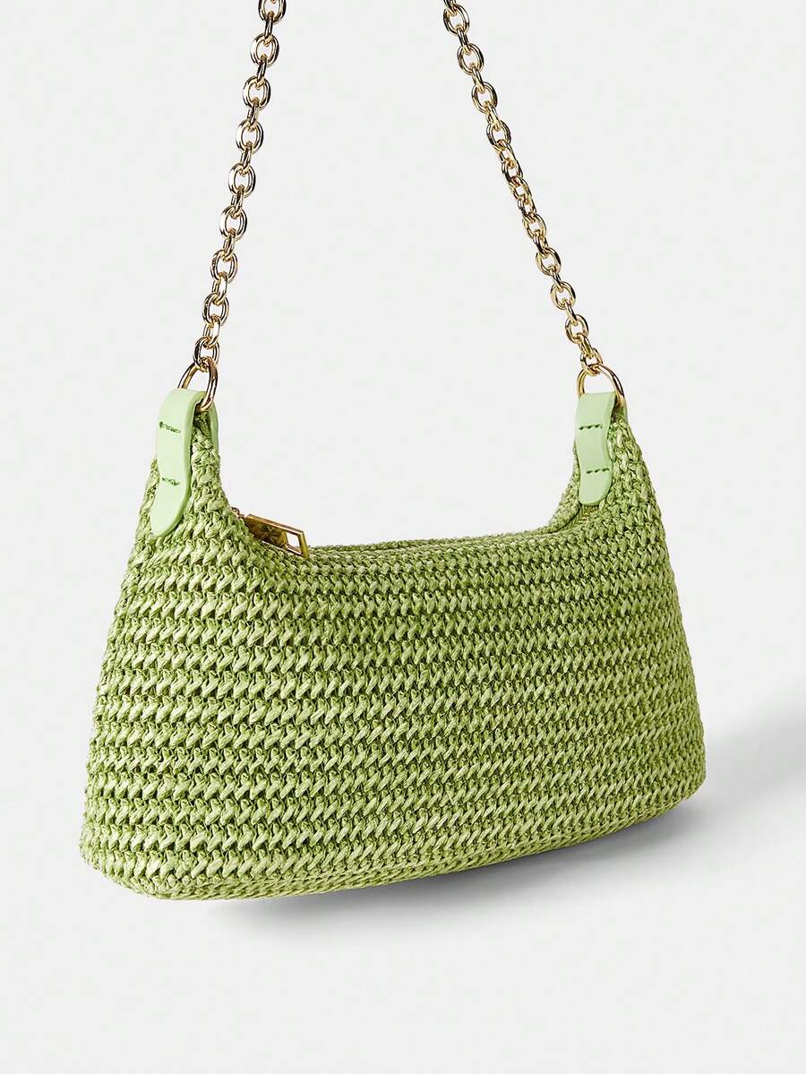 Women's Bohemian Style Braided Baguette Shoulder Bag With Thin Chain Strap Casual Vacation Shopping Fashion Daily Outfit Crossbody Purse