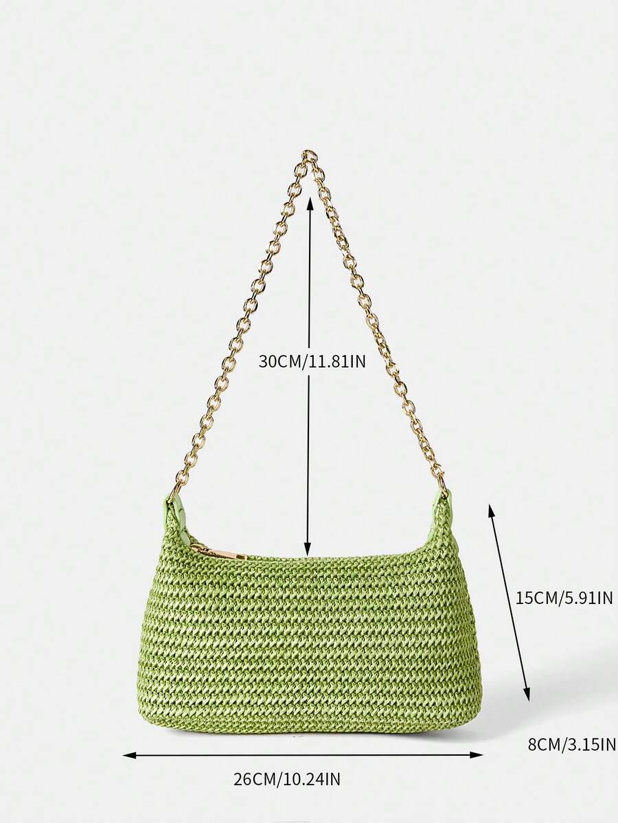 Women's Bohemian Style Braided Baguette Shoulder Bag With Thin Chain Strap Casual Vacation Shopping Fashion Daily Outfit Crossbody Purse