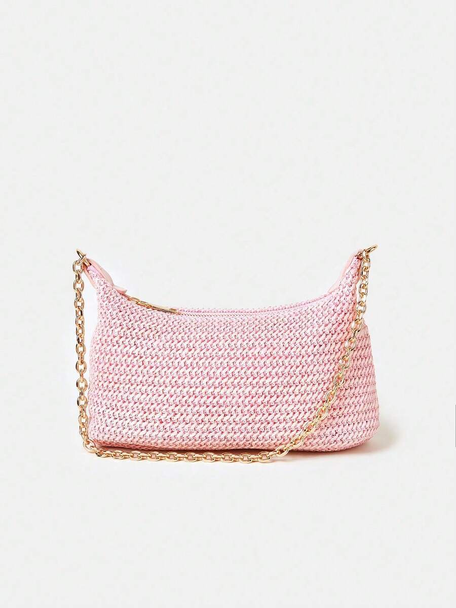 Women's Bohemian Style Braided Baguette Shoulder Bag With Thin Chain Strap Casual Vacation Shopping Fashion Daily Outfit Crossbody Purse
