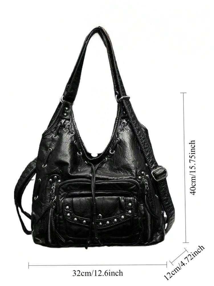 Women's Y2K Retro Motorcycle Shoulder Bag Large Capacity Multi Pocket Washed Leather Style Handbag Casual Work Commuter Party City Tote