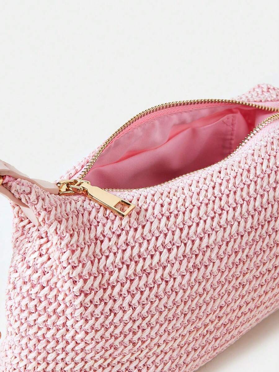 Women's Bohemian Style Braided Baguette Shoulder Bag With Thin Chain Strap Casual Vacation Shopping Fashion Daily Outfit Crossbody Purse