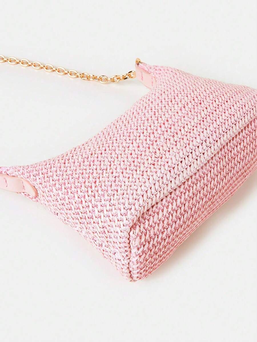 Women's Bohemian Style Braided Baguette Shoulder Bag With Thin Chain Strap Casual Vacation Shopping Fashion Daily Outfit Crossbody Purse