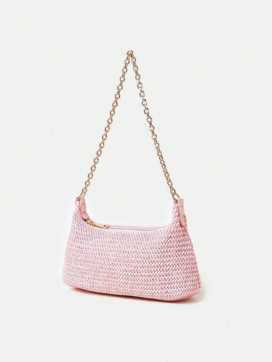 Women's Bohemian Style Braided Baguette Shoulder Bag With Thin Chain Strap Casual Vacation Shopping Fashion Daily Outfit Crossbody Purse