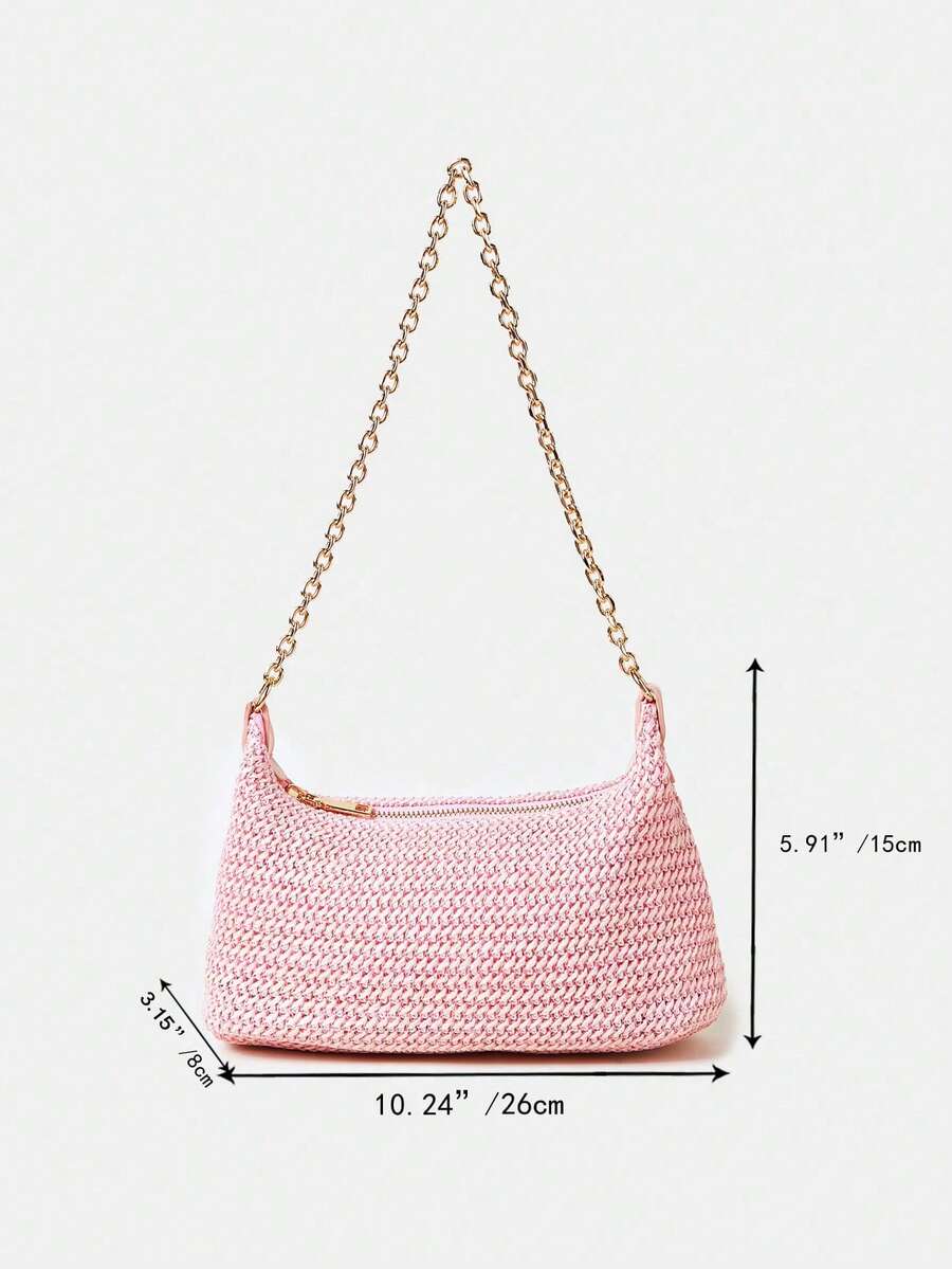 Women's Bohemian Style Braided Baguette Shoulder Bag With Thin Chain Strap Casual Vacation Shopping Fashion Daily Outfit Crossbody Purse