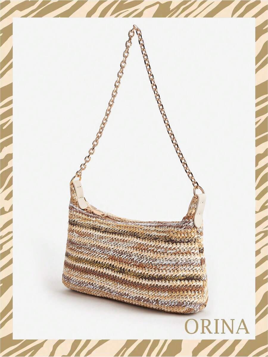 Women's Bohemian Style Braided Baguette Shoulder Bag With Thin Chain Strap Casual Vacation Shopping Fashion Daily Outfit Crossbody Purse