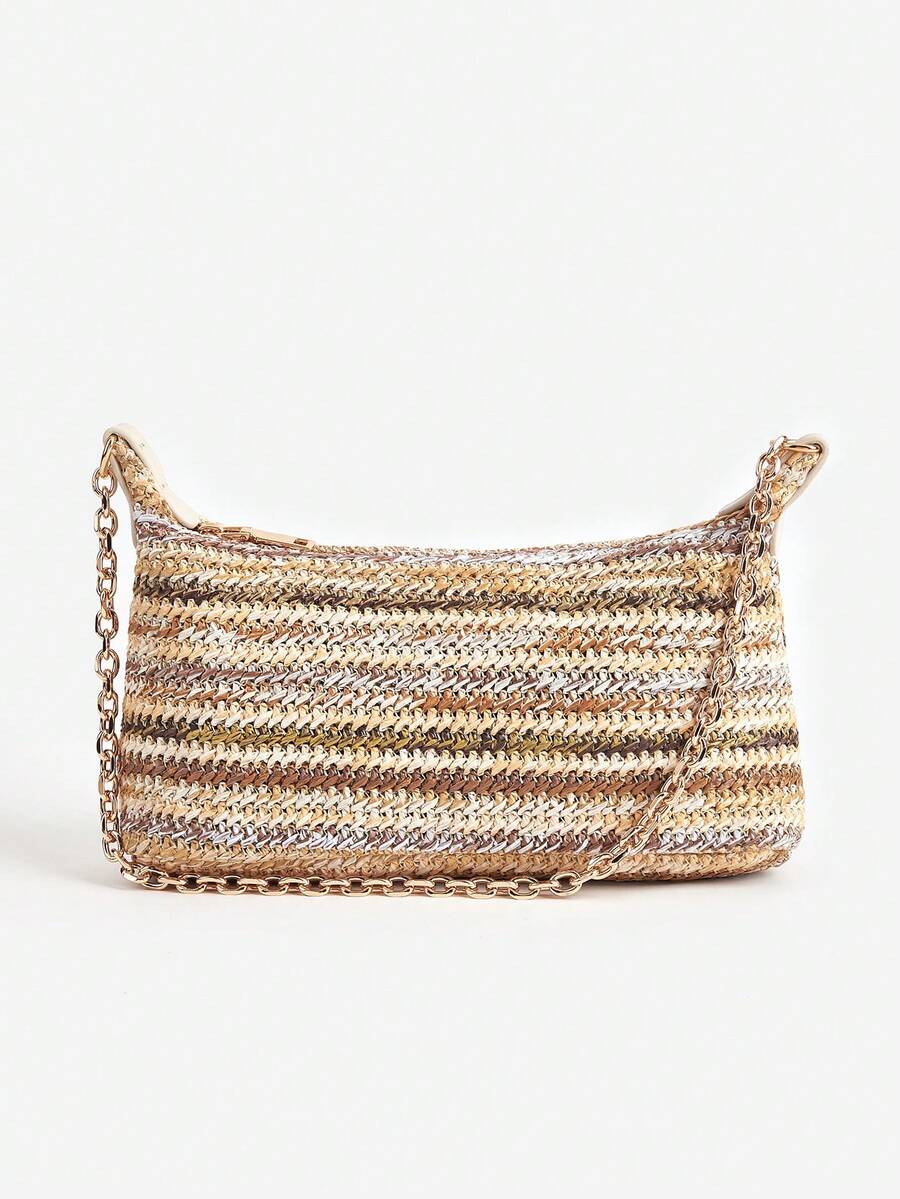 Women's Bohemian Style Braided Baguette Shoulder Bag With Thin Chain Strap Casual Vacation Shopping Fashion Daily Outfit Crossbody Purse