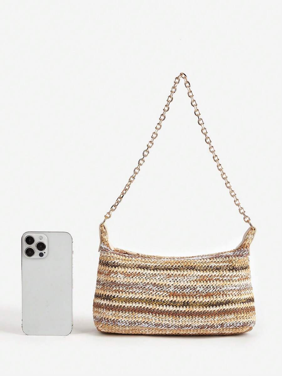 Women's Bohemian Style Braided Baguette Shoulder Bag With Thin Chain Strap Casual Vacation Shopping Fashion Daily Outfit Crossbody Purse