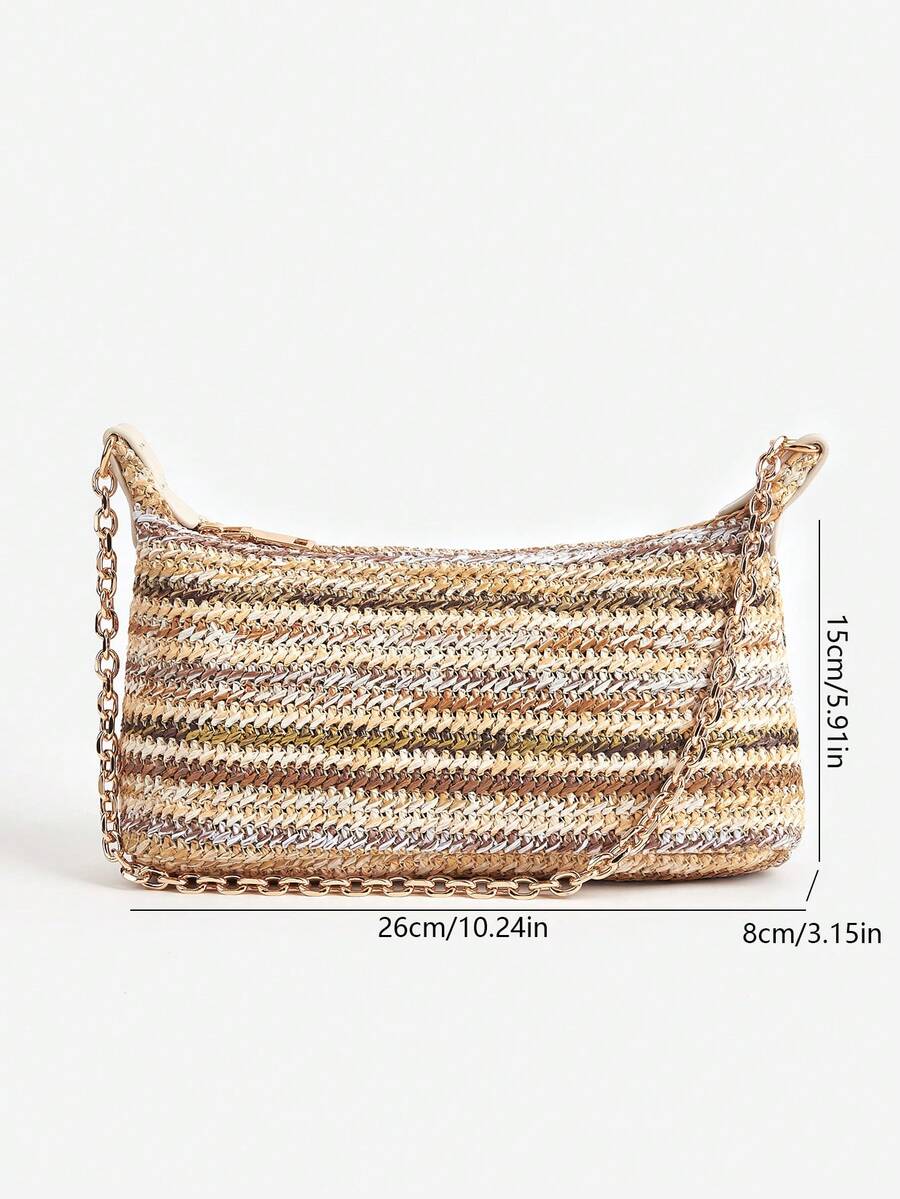 Women's Bohemian Style Braided Baguette Shoulder Bag With Thin Chain Strap Casual Vacation Shopping Fashion Daily Outfit Crossbody Purse
