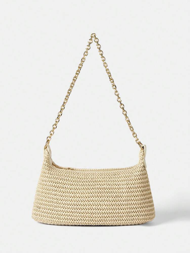 Women's Bohemian Style Braided Baguette Shoulder Bag With Thin Chain Strap Casual Vacation Shopping Fashion Daily Outfit Crossbody Purse