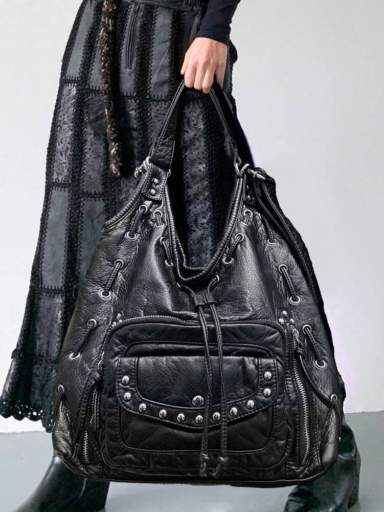 Women's Y2K Retro Motorcycle Shoulder Bag Large Capacity Multi Pocket Washed Leather Style Handbag Casual Work Commuter Party City Tote