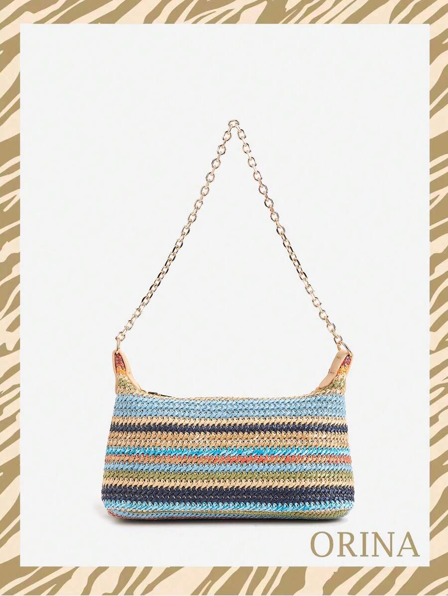 Women's Bohemian Style Braided Baguette Shoulder Bag With Thin Chain Strap Casual Vacation Shopping Fashion Daily Outfit Crossbody Purse