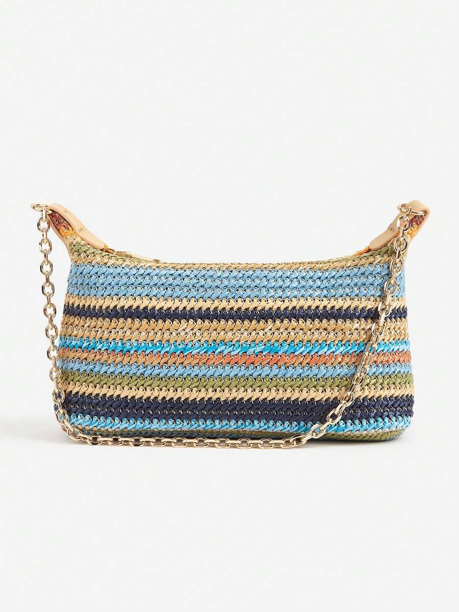 Women's Bohemian Style Braided Baguette Shoulder Bag With Thin Chain Strap Casual Vacation Shopping Fashion Daily Outfit Crossbody Purse
