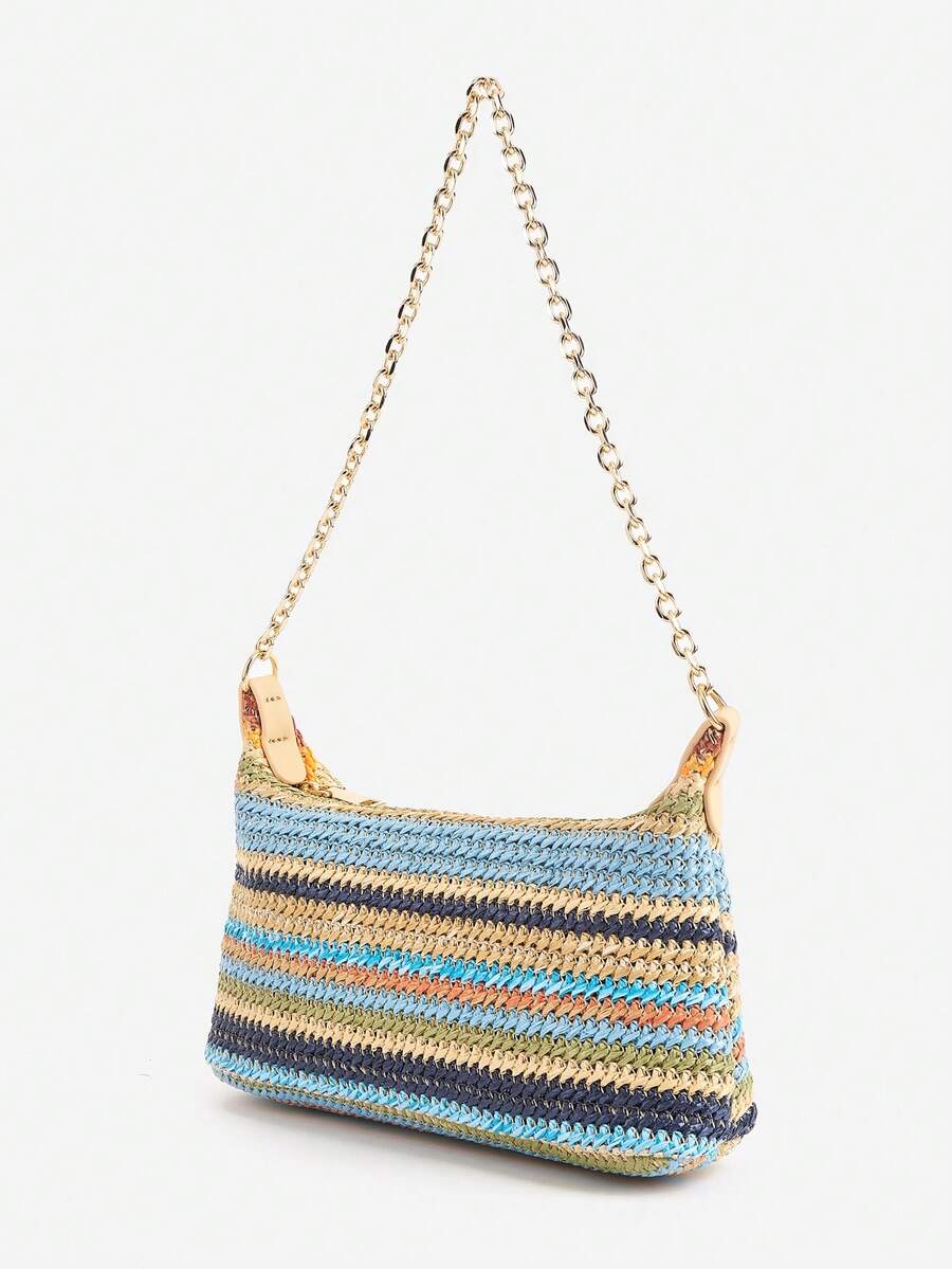 Women's Bohemian Style Braided Baguette Shoulder Bag With Thin Chain Strap Casual Vacation Shopping Fashion Daily Outfit Crossbody Purse