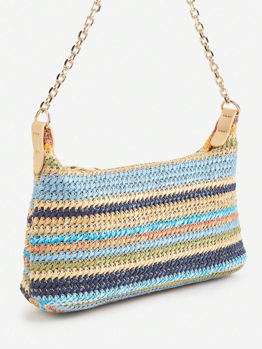 Women's Bohemian Style Braided Baguette Shoulder Bag With Thin Chain Strap Casual Vacation Shopping Fashion Daily Outfit Crossbody Purse