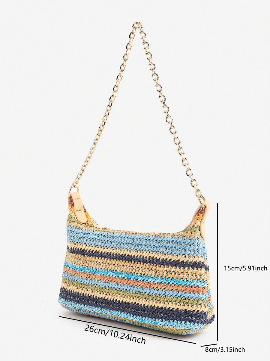 Women's Bohemian Style Braided Baguette Shoulder Bag With Thin Chain Strap Casual Vacation Shopping Fashion Daily Outfit Crossbody Purse