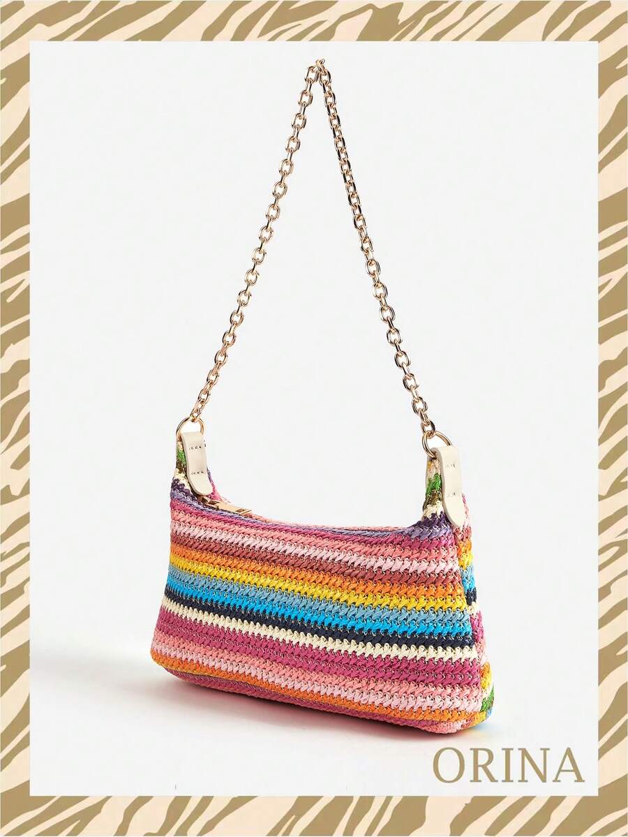 Women's Bohemian Style Braided Baguette Shoulder Bag With Thin Chain Strap Casual Vacation Shopping Fashion Daily Outfit Crossbody Purse