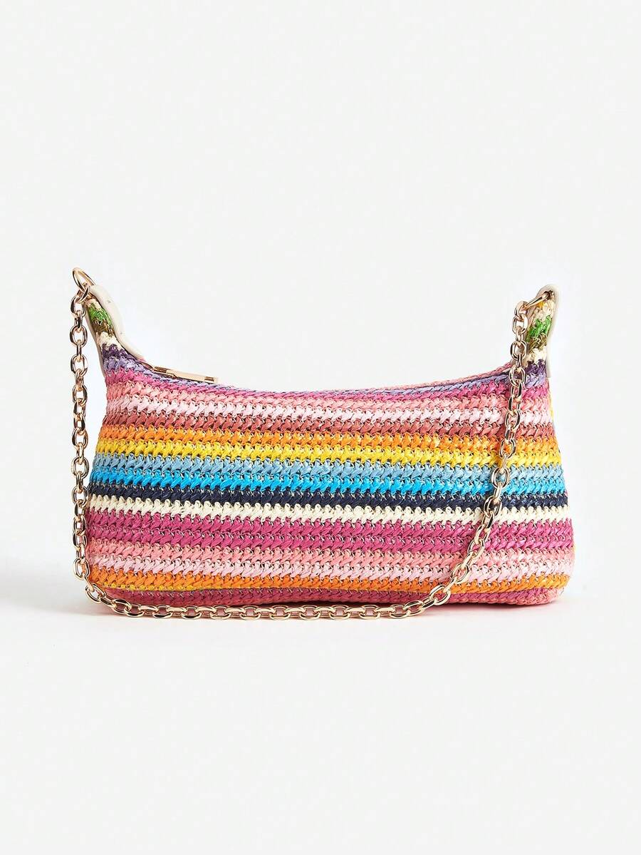 Women's Bohemian Style Braided Baguette Shoulder Bag With Thin Chain Strap Casual Vacation Shopping Fashion Daily Outfit Crossbody Purse