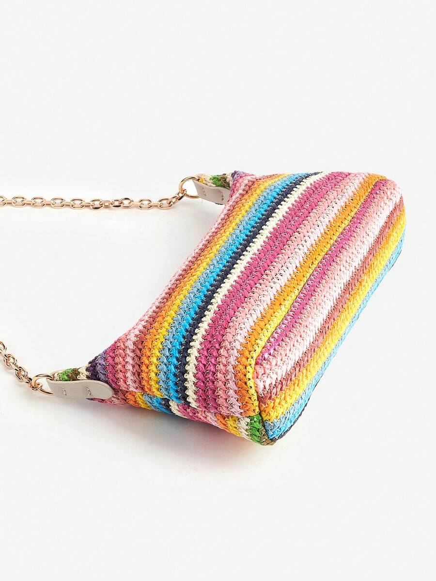 Women's Bohemian Style Braided Baguette Shoulder Bag With Thin Chain Strap Casual Vacation Shopping Fashion Daily Outfit Crossbody Purse