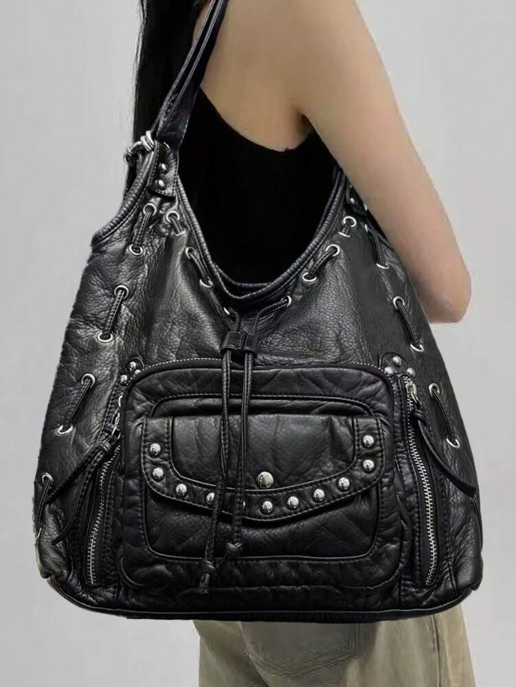 Women's Y2K Retro Motorcycle Shoulder Bag Large Capacity Multi Pocket Washed Leather Style Handbag Casual Work Commuter Party City Tote