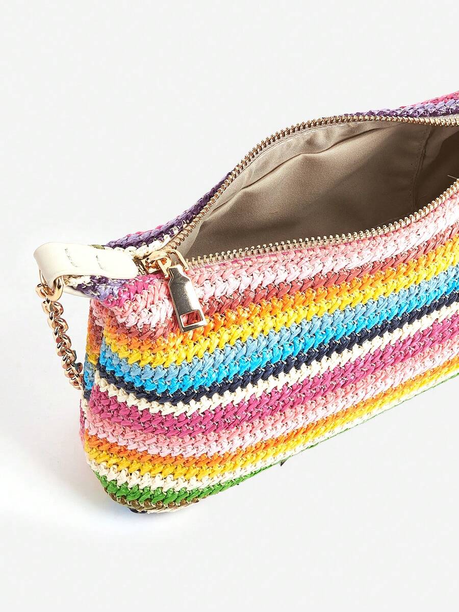 Women's Bohemian Style Braided Baguette Shoulder Bag With Thin Chain Strap Casual Vacation Shopping Fashion Daily Outfit Crossbody Purse