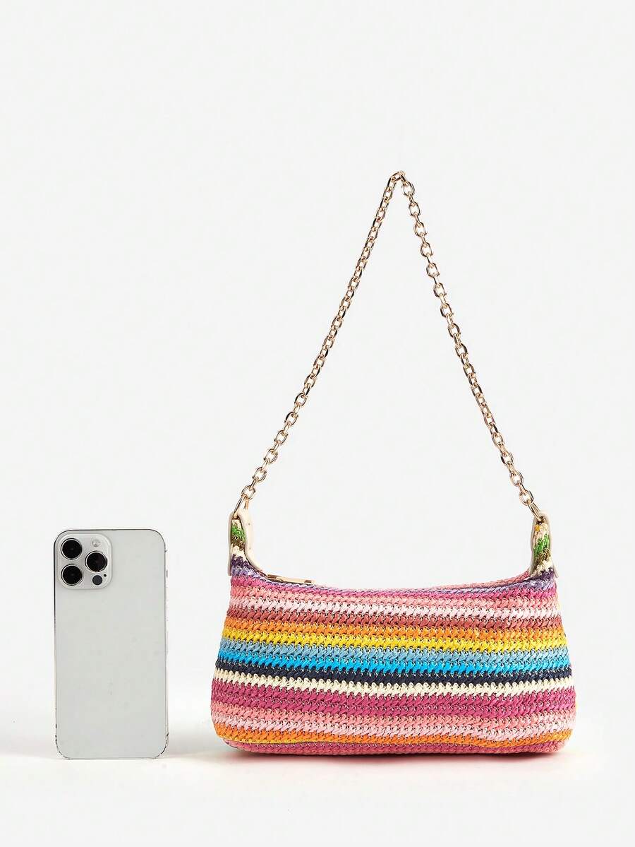 Women's Bohemian Style Braided Baguette Shoulder Bag With Thin Chain Strap Casual Vacation Shopping Fashion Daily Outfit Crossbody Purse