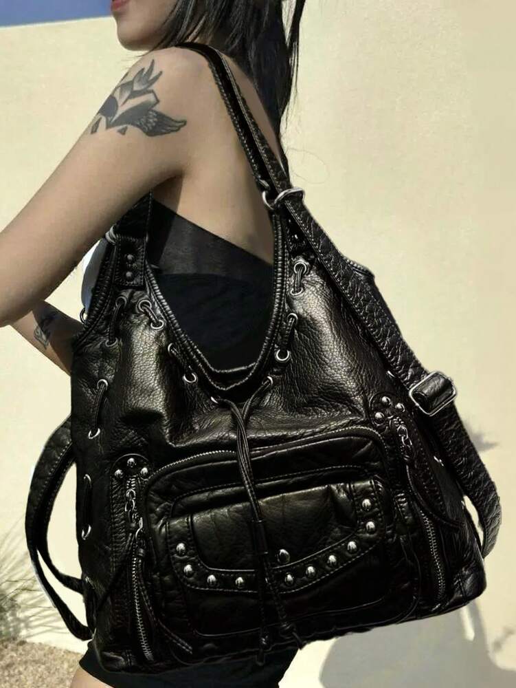 Women's Y2K Retro Motorcycle Shoulder Bag Large Capacity Multi Pocket Washed Leather Style Handbag Casual Work Commuter Party City Tote