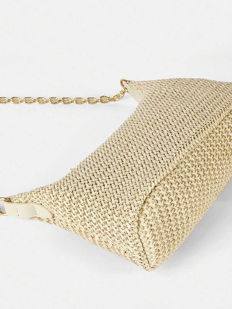 Women's Bohemian Style Braided Baguette Shoulder Bag With Thin Chain Strap Casual Vacation Shopping Fashion Daily Outfit Crossbody Purse