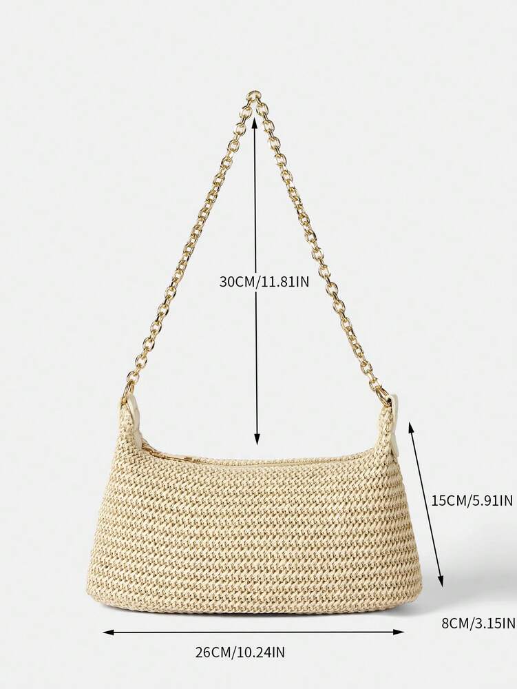 Women's Bohemian Style Braided Baguette Shoulder Bag With Thin Chain Strap Casual Vacation Shopping Fashion Daily Outfit Crossbody Purse