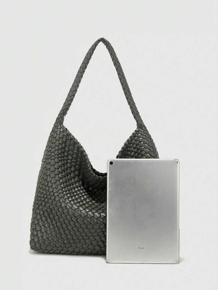 Women's Handmade Grey PU Woven Tote Bag Large Capacity Fashion Elegant Versatile Shoulder Handbag Casual Gift Mom Daily Travel Use Purse