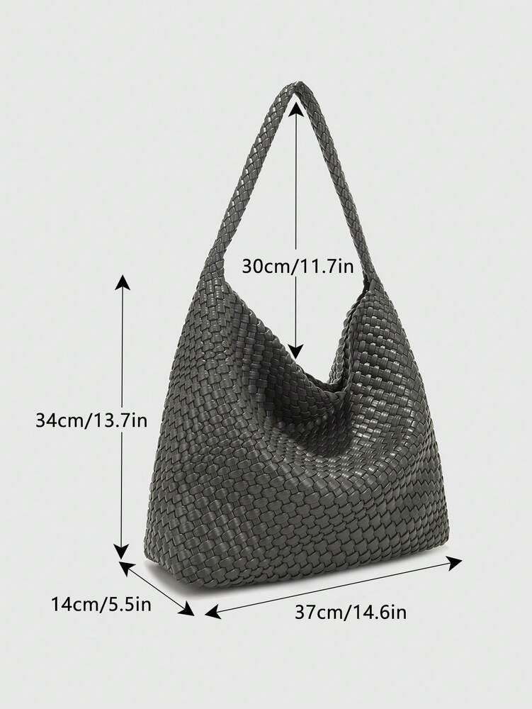 Women's Handmade Grey PU Woven Tote Bag Large Capacity Fashion Elegant Versatile Shoulder Handbag Casual Gift Mom Daily Travel Use Purse
