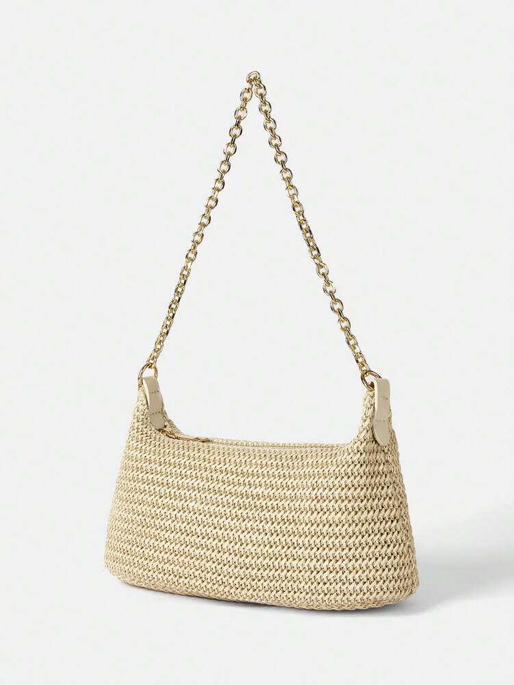 Women's Bohemian Style Braided Baguette Shoulder Bag With Thin Chain Strap Casual Vacation Shopping Fashion Daily Outfit Crossbody Purse