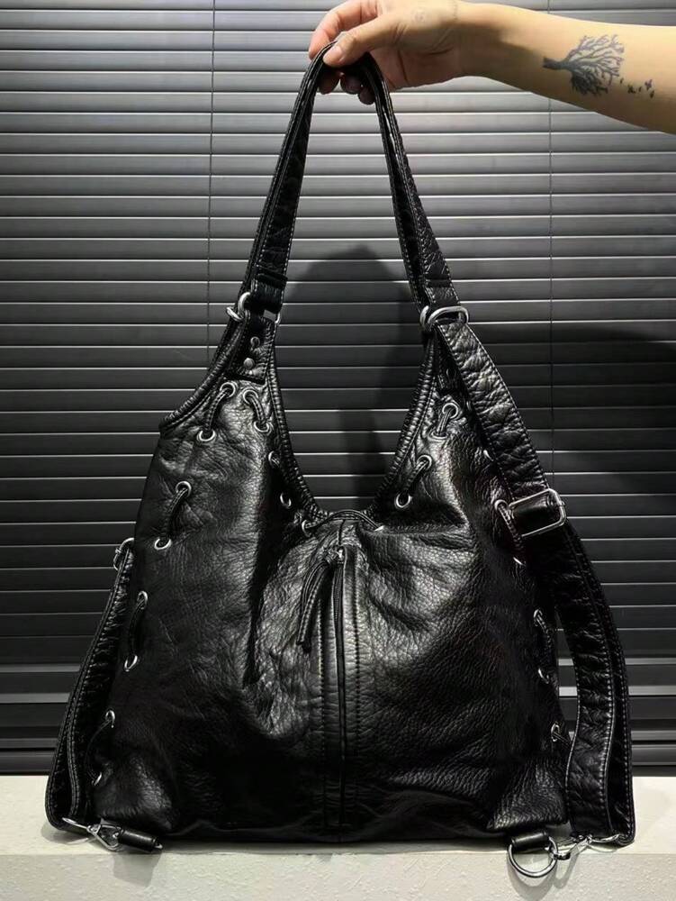 Women's Y2K Retro Motorcycle Shoulder Bag Large Capacity Multi Pocket Washed Leather Style Handbag Casual Work Commuter Party City Tote
