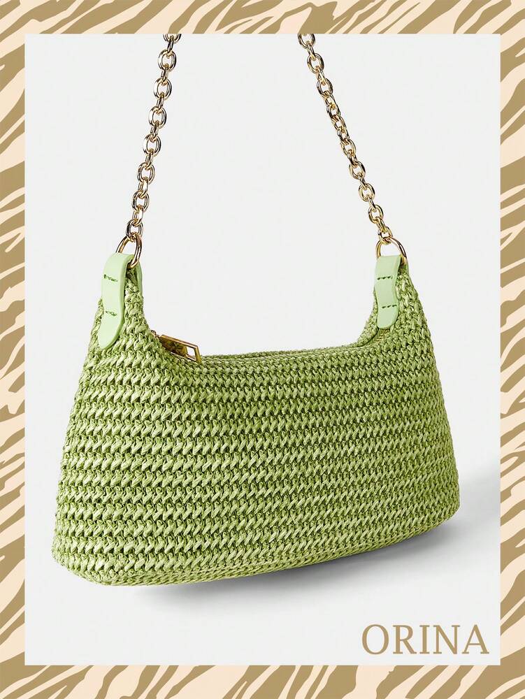 Women's Bohemian Style Braided Baguette Shoulder Bag With Thin Chain Strap Casual Vacation Shopping Fashion Daily Outfit Crossbody Purse