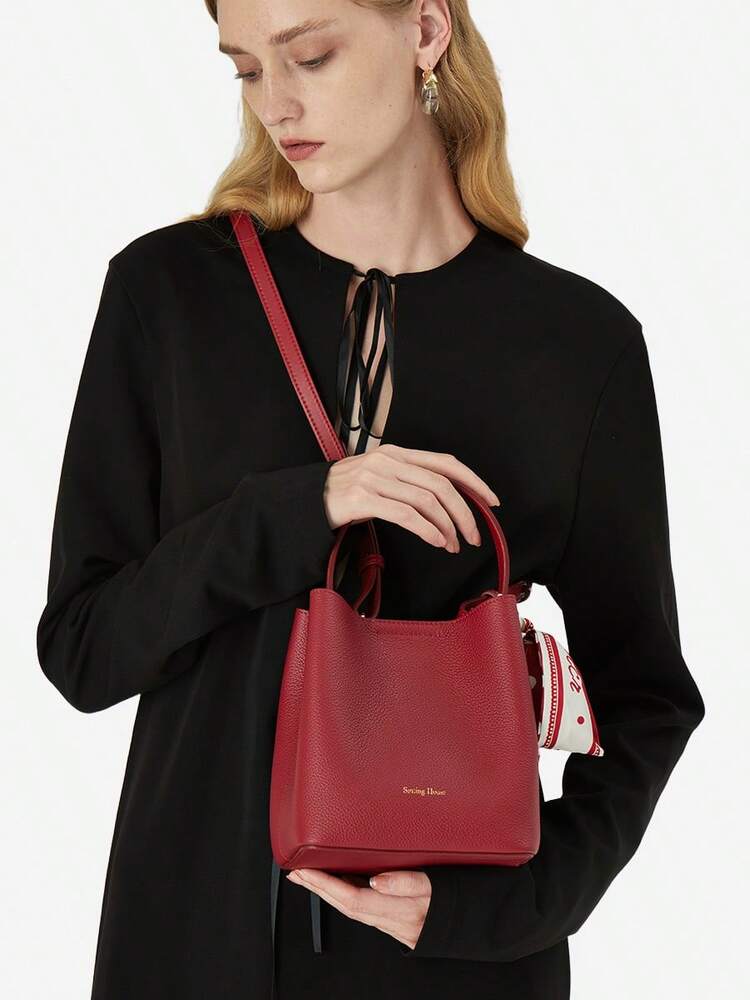 Women's Solid Color Cowhide Leather Bucket Bag With Silk Scarf Large Capacity Fashion Tote Handbag Work Business Commute Dating Purse