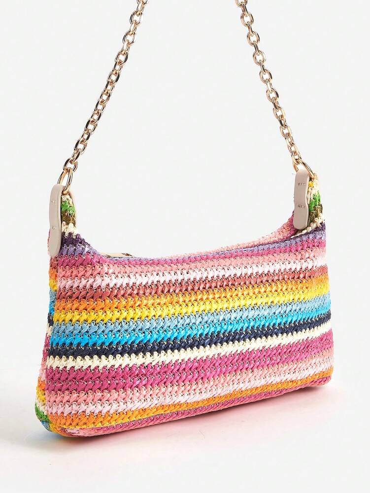Women's Bohemian Style Braided Baguette Shoulder Bag With Thin Chain Strap Casual Vacation Shopping Fashion Daily Outfit Crossbody Purse
