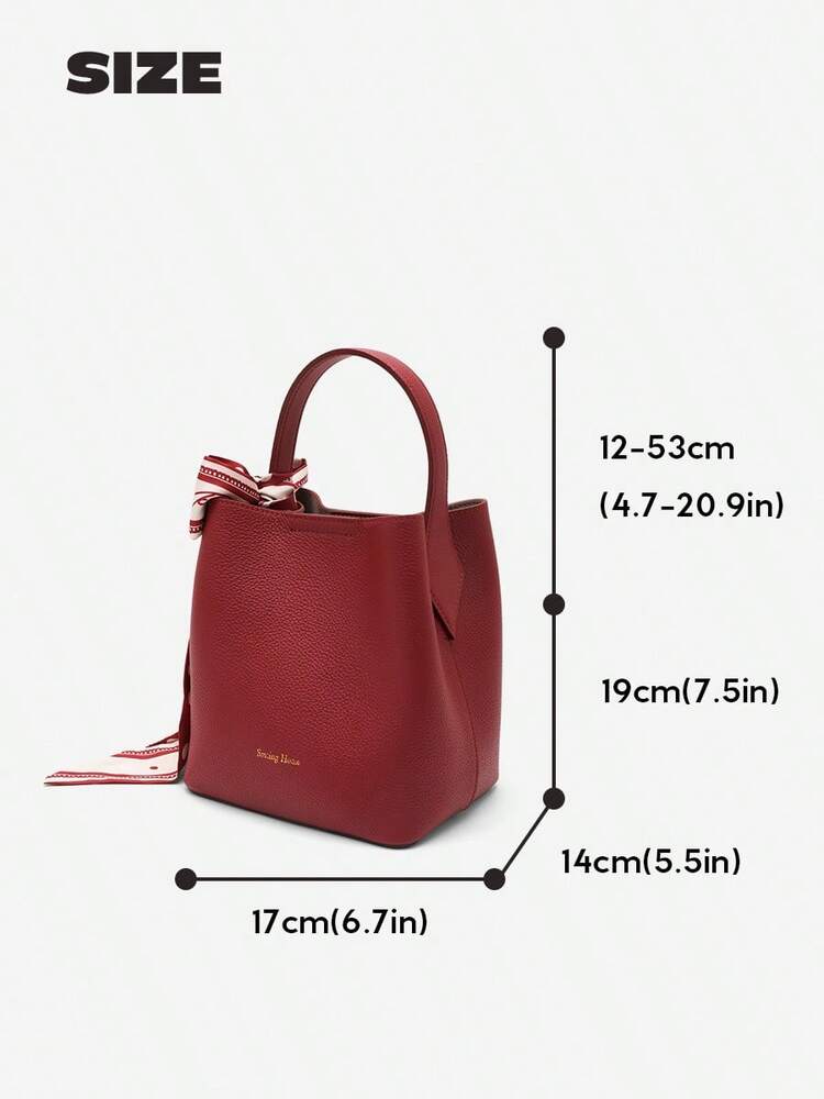 Women's Solid Color Cowhide Leather Bucket Bag With Silk Scarf Large Capacity Fashion Tote Handbag Work Business Commute Dating Purse