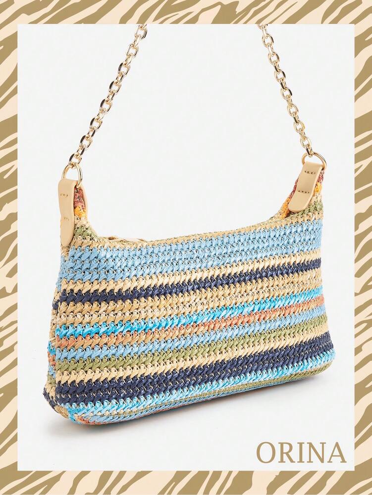 Women's Bohemian Style Braided Baguette Shoulder Bag With Thin Chain Strap Casual Vacation Shopping Fashion Daily Outfit Crossbody Purse