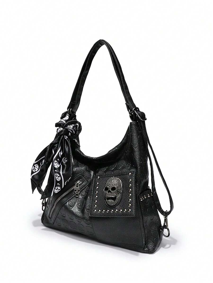 Women's Skull Rivet Decor Shoulder Handbag Alternative Gothic Style Fashion Crossbody Tote Large Capacity Casual Party Daily UK Style Bag
