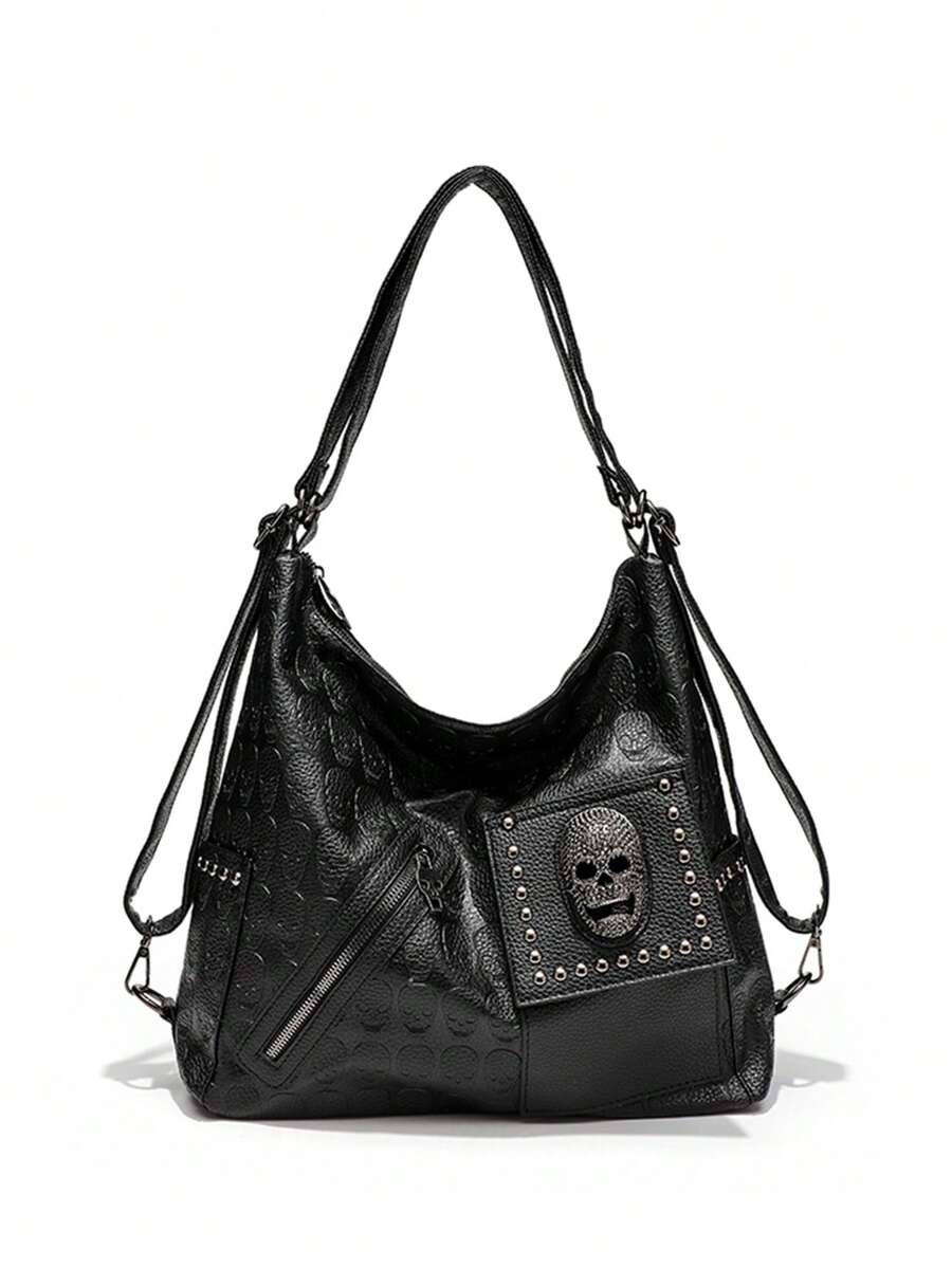 Women's Skull Rivet Decor Shoulder Handbag Alternative Gothic Style Fashion Crossbody Tote Large Capacity Casual Party Daily UK Style Bag