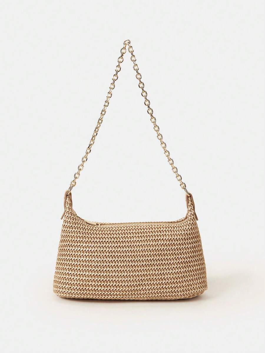 Women's Bohemian Style Braided Baguette Shoulder Bag With Thin Chain Strap Casual Vacation Shopping Fashion Daily Outfit Crossbody Purse