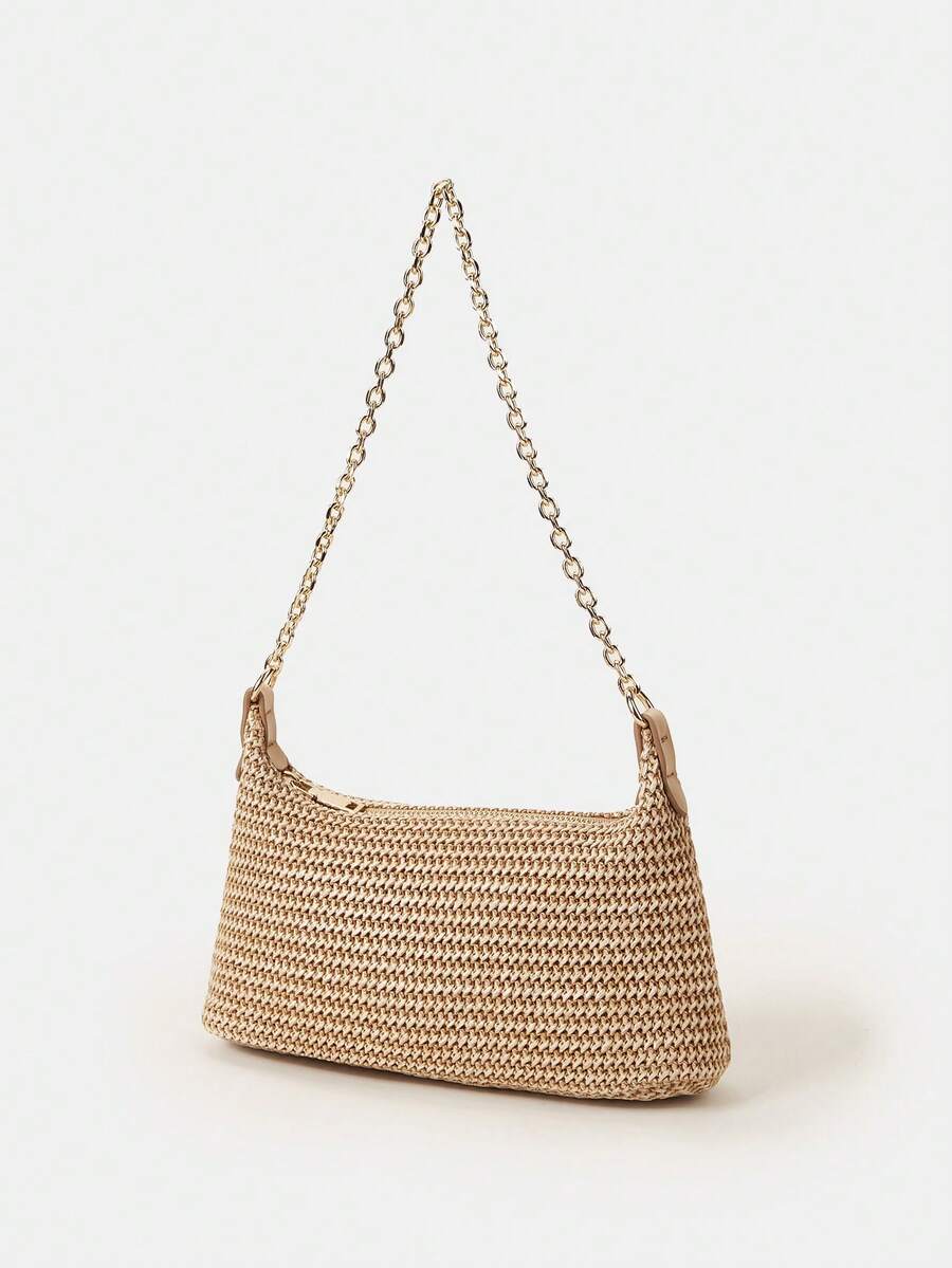 Women's Bohemian Style Braided Baguette Shoulder Bag With Thin Chain Strap Casual Vacation Shopping Fashion Daily Outfit Crossbody Purse