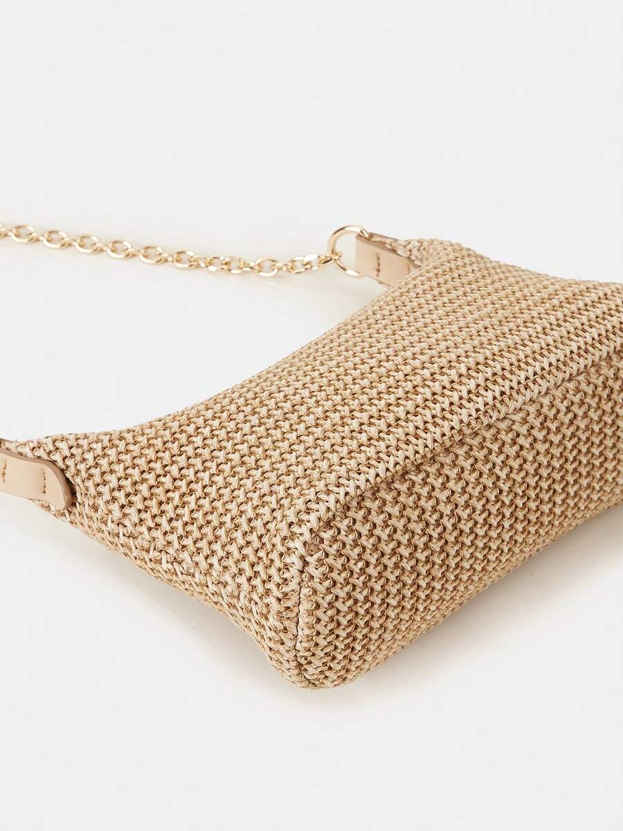 Women's Bohemian Style Braided Baguette Shoulder Bag With Thin Chain Strap Casual Vacation Shopping Fashion Daily Outfit Crossbody Purse